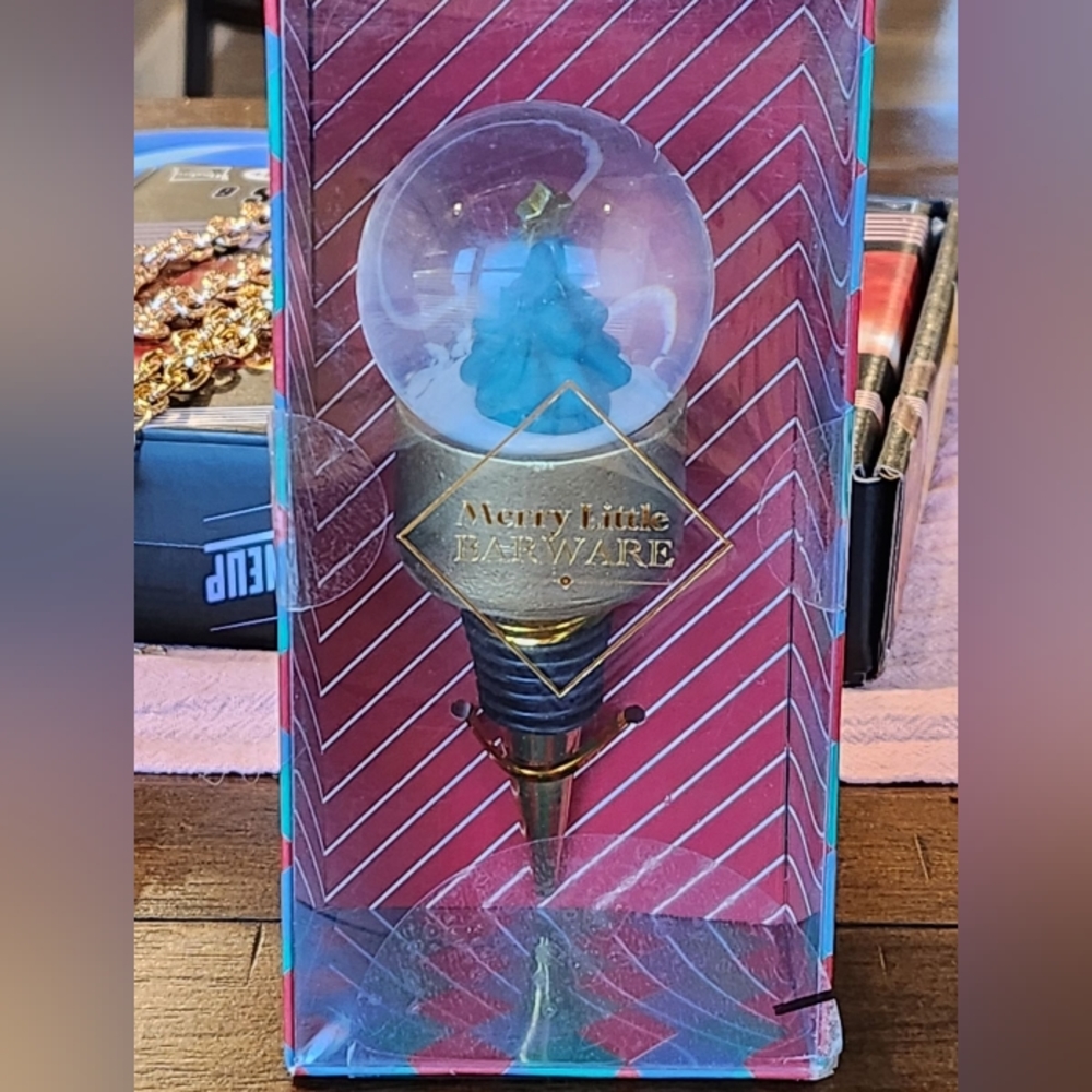Merry Little Barware Christmas tree snow globe wine bottle stopper
